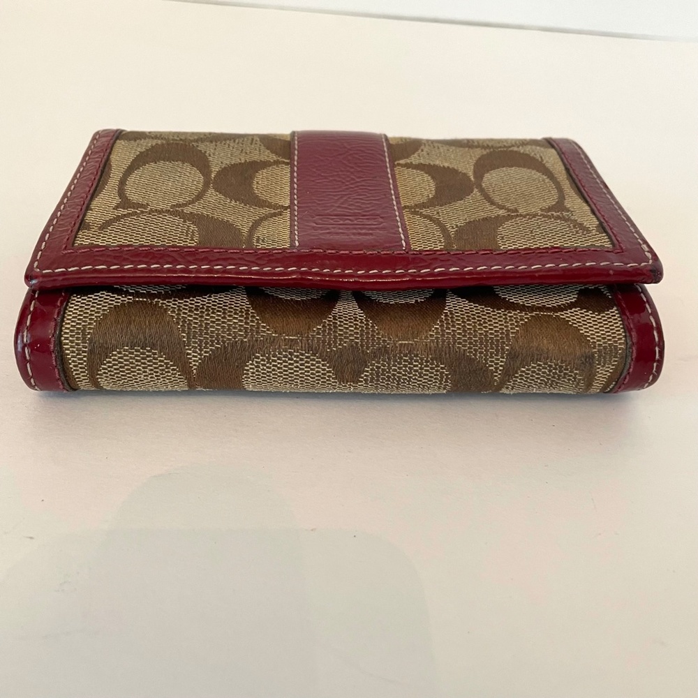 Coach Large Bifold Signature Canvas Burgundy Patent Leather Wallet - Picture 8 of 14